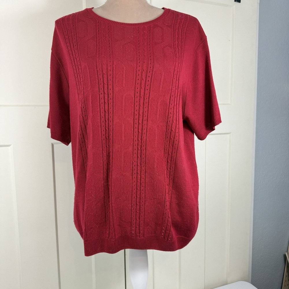 Alfred Dunner Women's XL Red Short Sleeve Cable Knit Pullover Sweater Classic